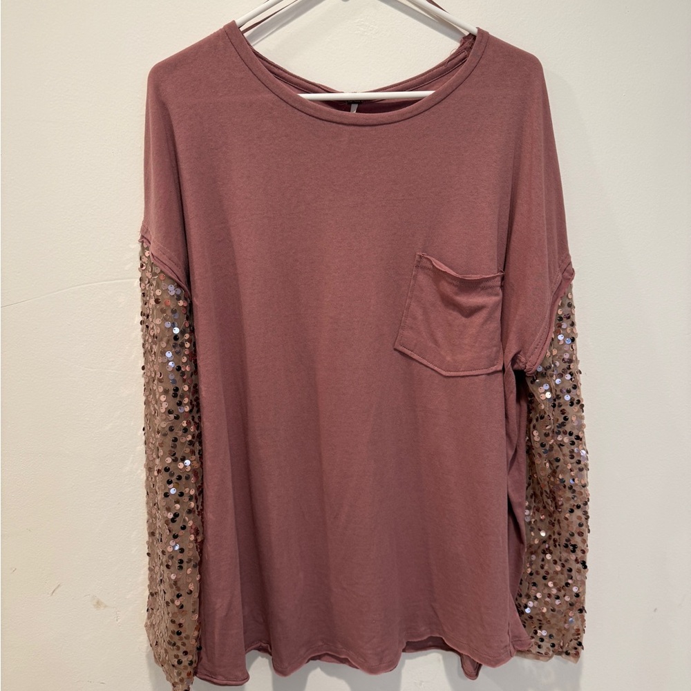 Free People Mauve Top with Sequin Sleeves